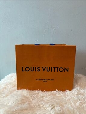 Authentic Louis Vuitton Orange Paper Gift Bag, Blue Handles Medium